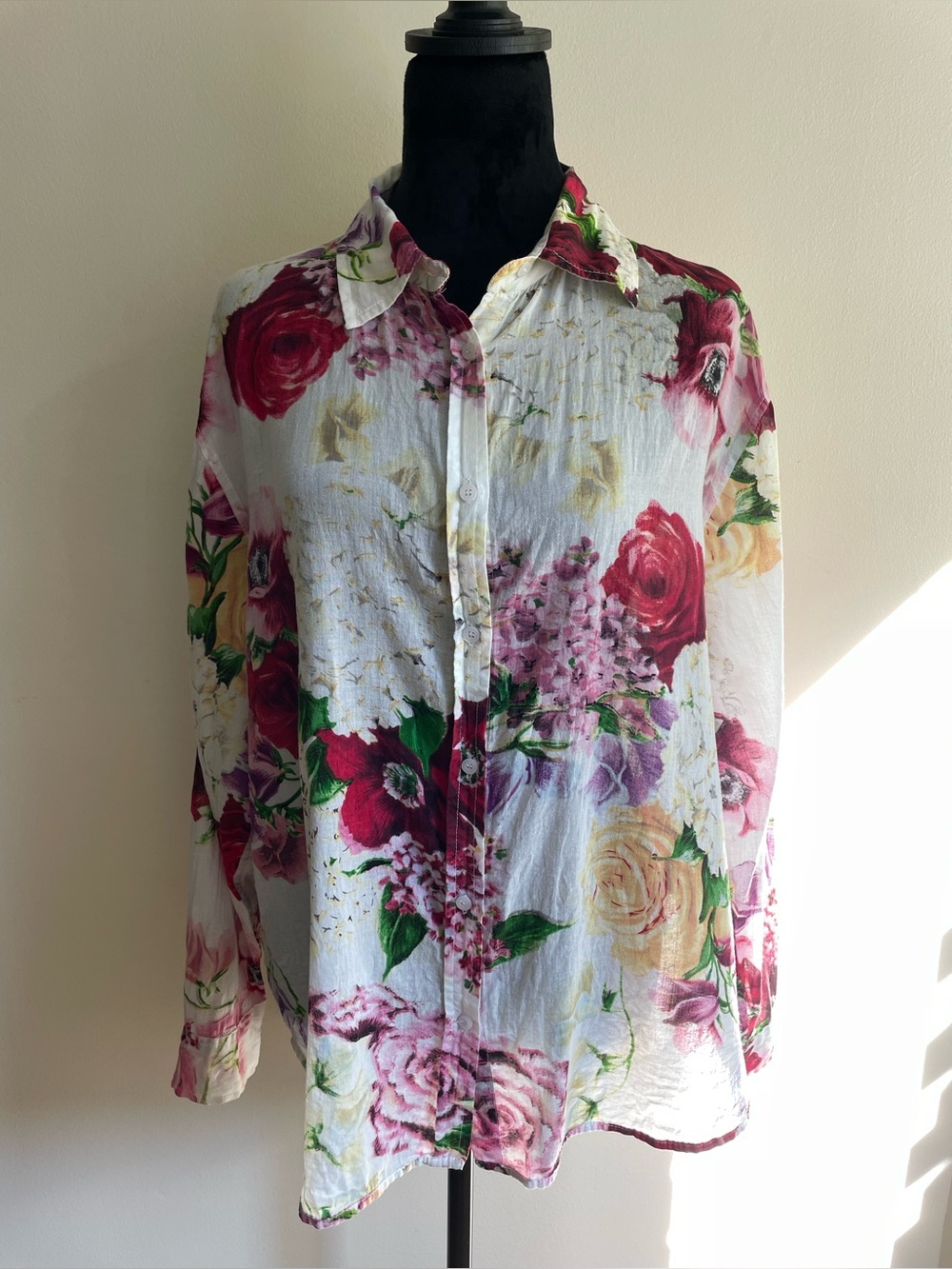 Magazine 100% Cotton Floral Button Front Shirt White Pink Rose Print L
